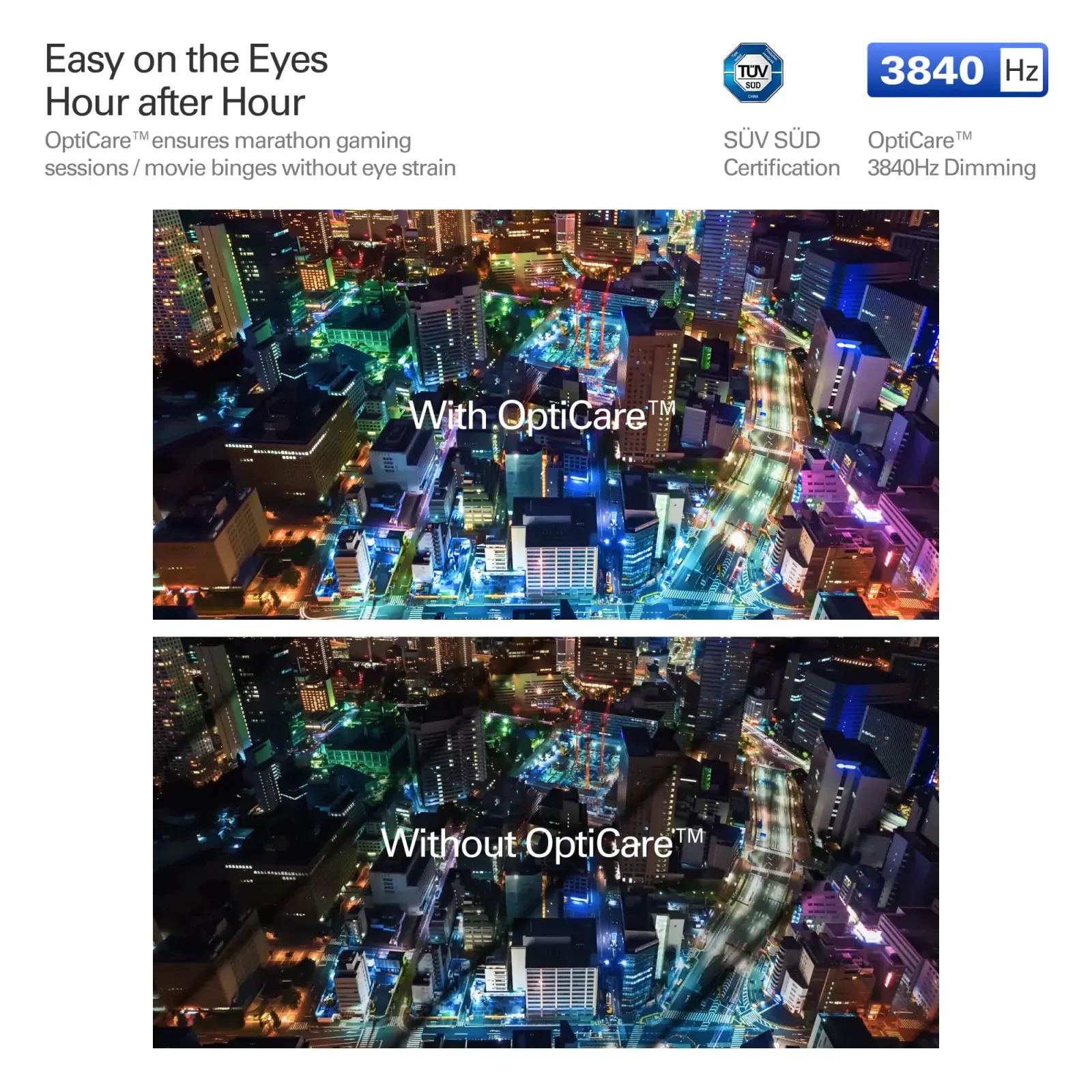 Comparison showing the same night scene rendered with and without RayNeo OptiCare dimming